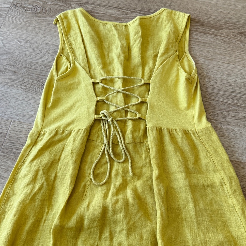 100% Linen Made In Italy Lagenlook Yellow Sundress With Corset Back Detail - Picture 5 of 7